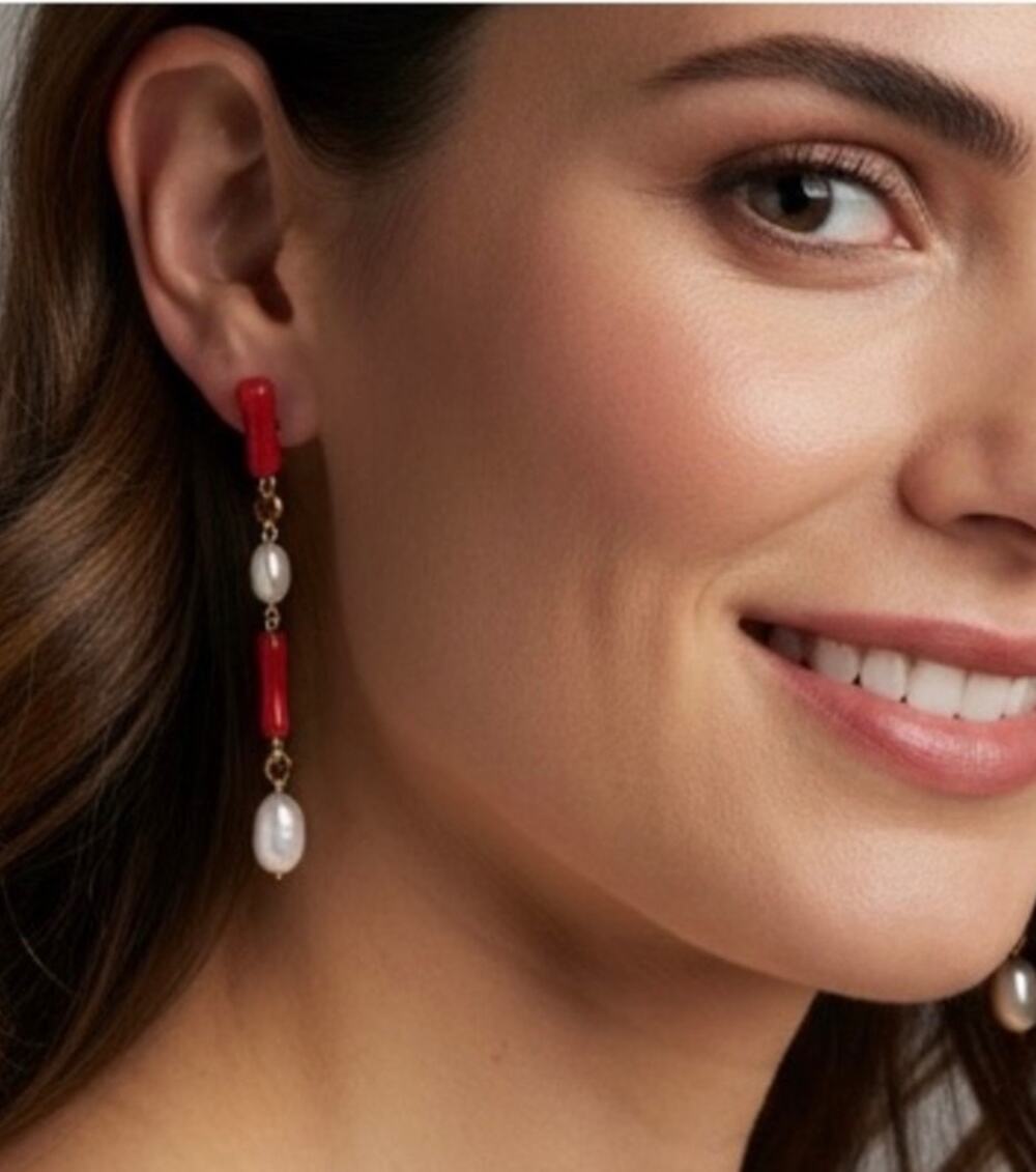 Tuckernuck Coral Pearl Drop Earrings Linear Drop Statement